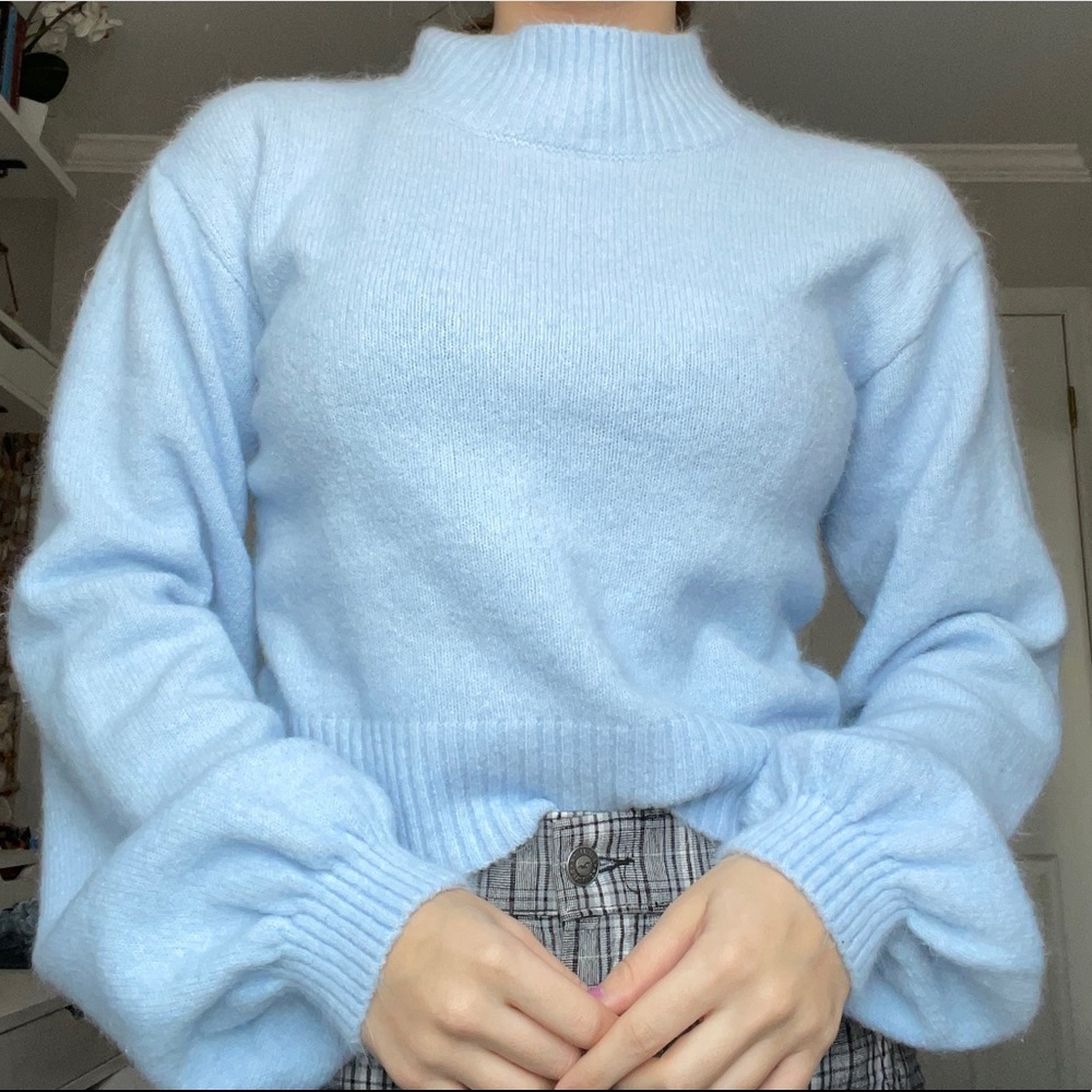 light blue mock neck sweater